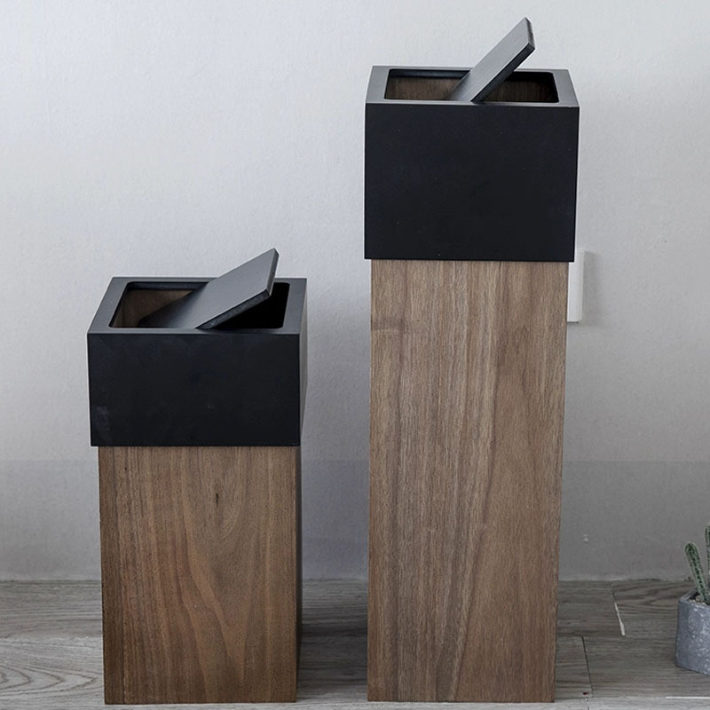 Nordic walnut color trash can household living room square wooden simple bed & breakfast hotel paper basket with lid