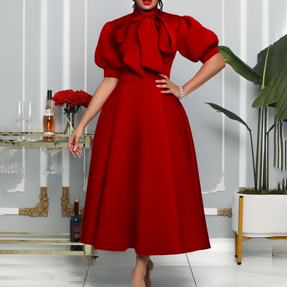 Plus Size Womens Summer Dress Solid Color Bow Tie Flared Skirt Elegant Party Wear Wholesale Available