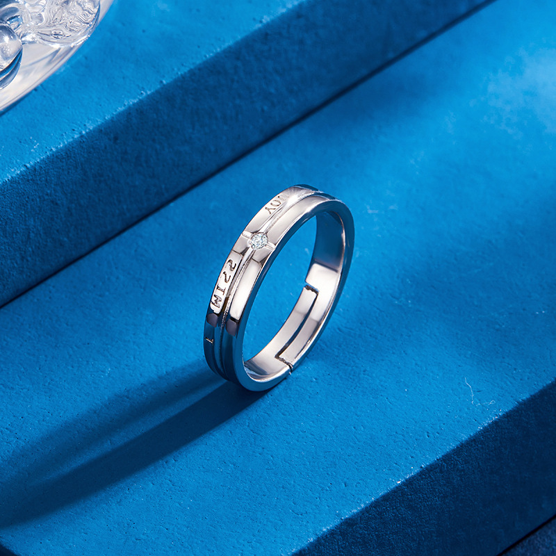 S925 anillo de pareja de plata esterlina Corea del Sur elegante carta con incrustaciones de circón anillo de diseño de nicho abierto para hombres y mujeres
