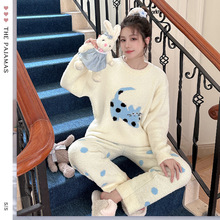 可爱卡通小猫咪毛绒保暖睡衣套装家居服套装秋冬季暖绵绵少女睡衣