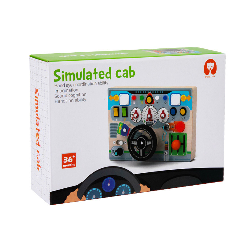 Cross-border wooden simulation steering wheel led switch busy green board children learn traffic knowledge early education educational toys