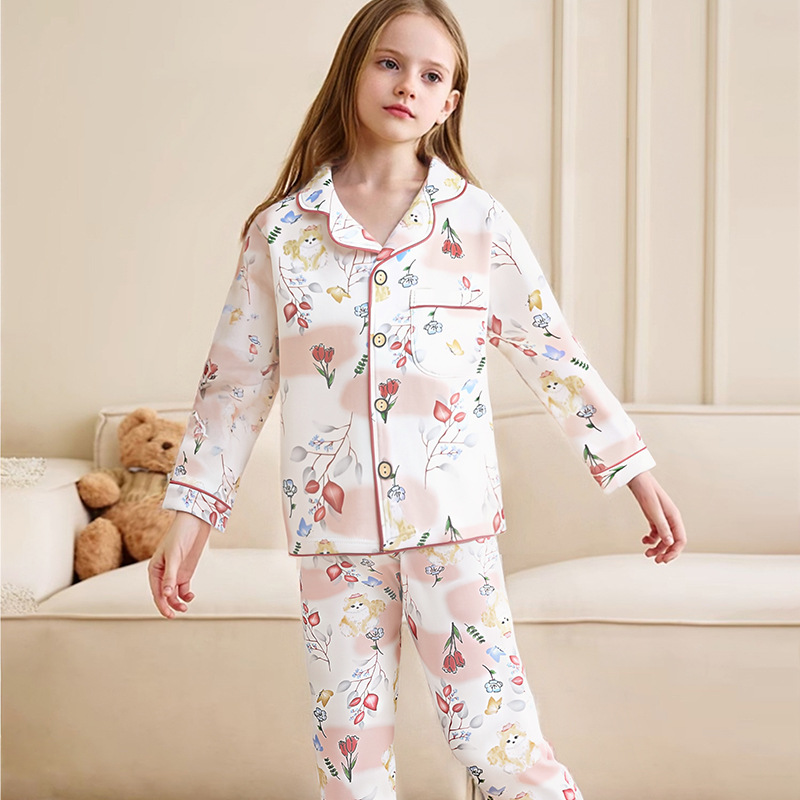 Autumn and Winter Children's Cotton Pajamas Set Combed Cotton Class a Lapel Home Clothes Pajamas Cardigan Home Clothes Pajamas