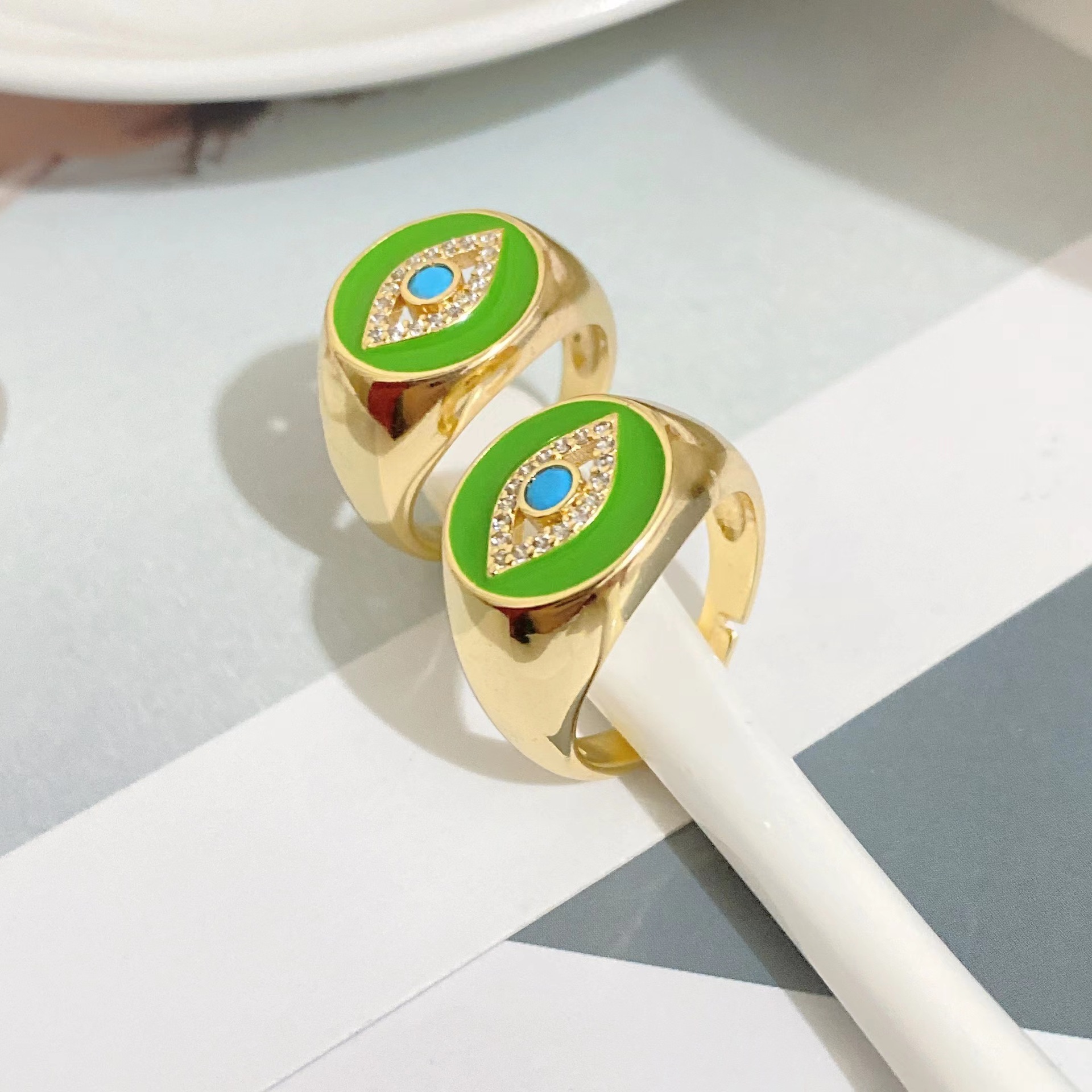 new copper-plated 18k gold eye drop oil micro-encrusted diamond open ring