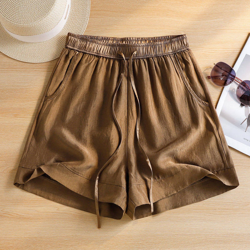 Acetate Satin Khaki Shorts for Women, Summer Thin Style, 2026 Trendy, Drapey Four-Quarter Pants, Five-Quarter Wide-Leg Pants Acetate Satin Khaki Shorts for Women, Summer Thin Style, 2026 Trendy, Drapey Four-Quarter Pants, Five-Quarter Wide-Leg Pants