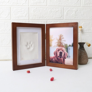 Pet photo frame footprints commemorative seven-inch two-fold solid wood frame cat dog paw print inkpad diy photo frame wholesale