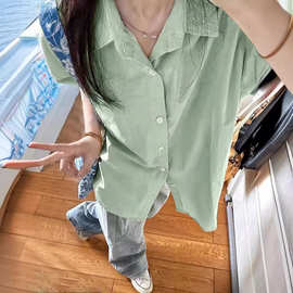 薄荷曼波绿色纯棉衬衫短袖女夏季薄款宽松百搭显瘦遮肉衬衣外穿潮