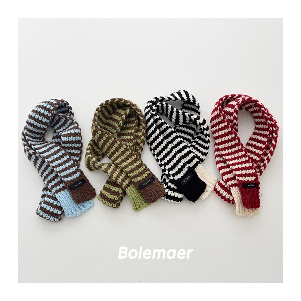 Children's Scarf College Style Simple Knitted Scarf Winter New Style with Pom-Poms Versatile Baby Warm Striped Neck Warmer Trendy