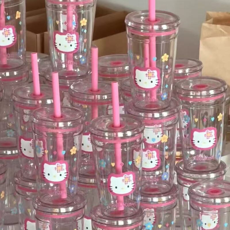 ハローキティプラスチックカップストローカップパウダー漫画かわいい透明冷水カップコーヒーカップ醸造カップ|undefined