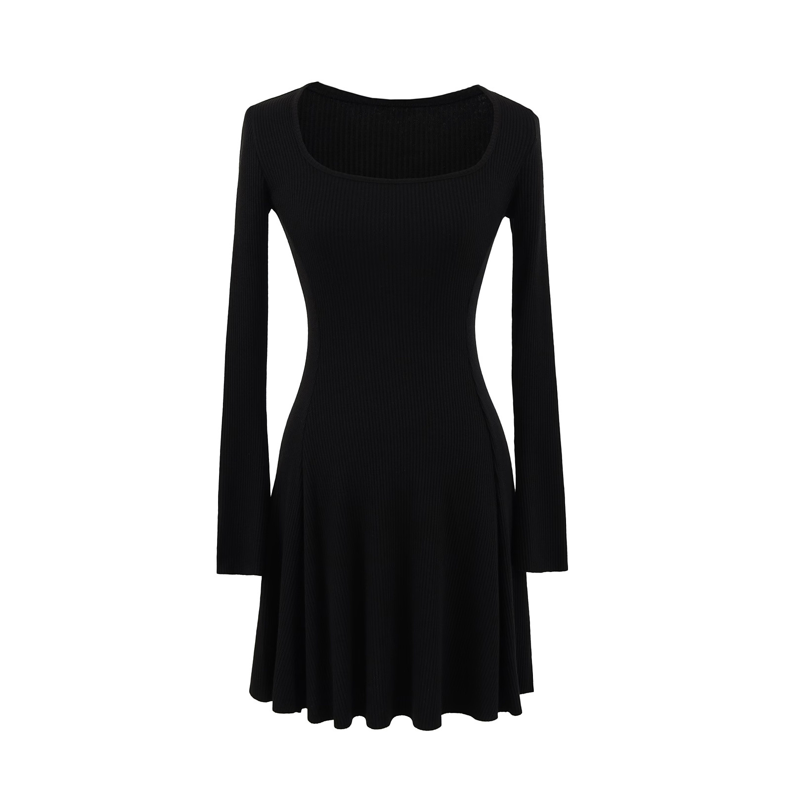 Flared Sleeve Mock Neck Knit Dress – Slim Waist A-Line Mini/Midi Dress (Black/Grey/Khaki, S-L)_ecoleips.com