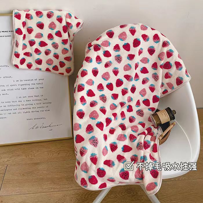 Household Large Towel Bath Towel Hair Drying Cap Three-Piece Set Ins Coral Fleece Bath Towel Strawberry Cross-Border
