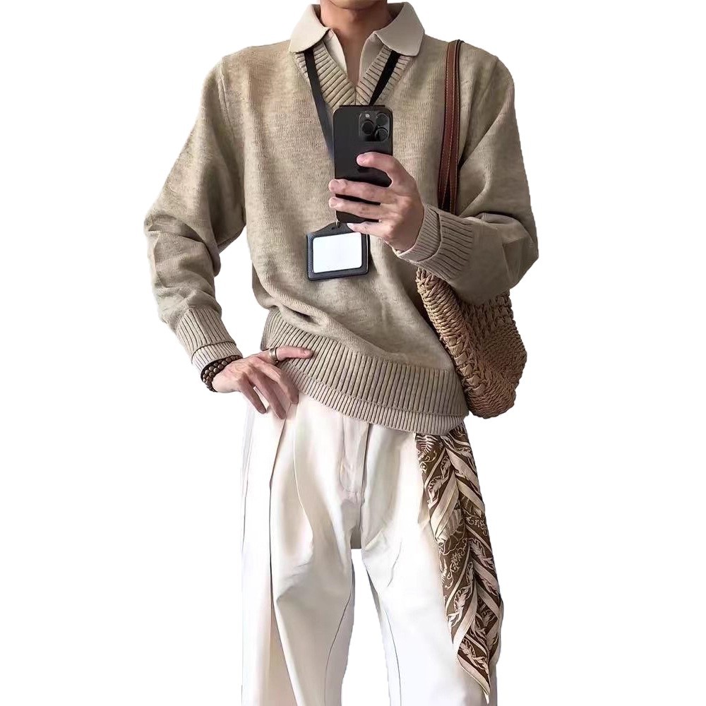 Suéter de punto de hombre falso camisa de dos piezas de cuello V coreano casual camisa de base de negocios ligera abrigo de viento perezoso transfronterizo