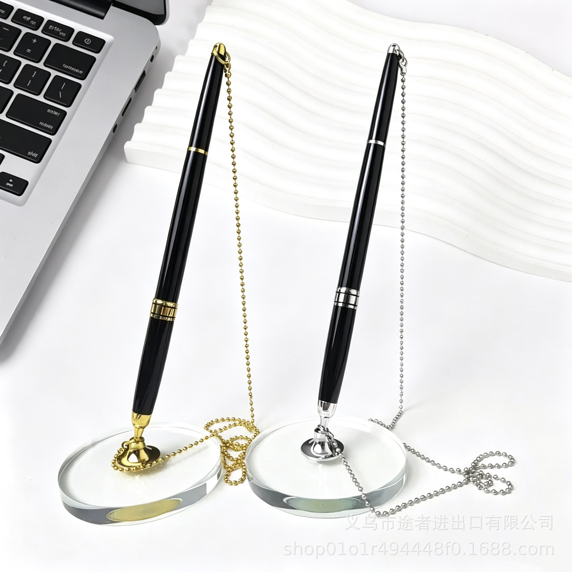 Business Office Metal Chain Desk Pen with Crystal Base, Conference Signature Pen with Cord, Vertical Signature Pen