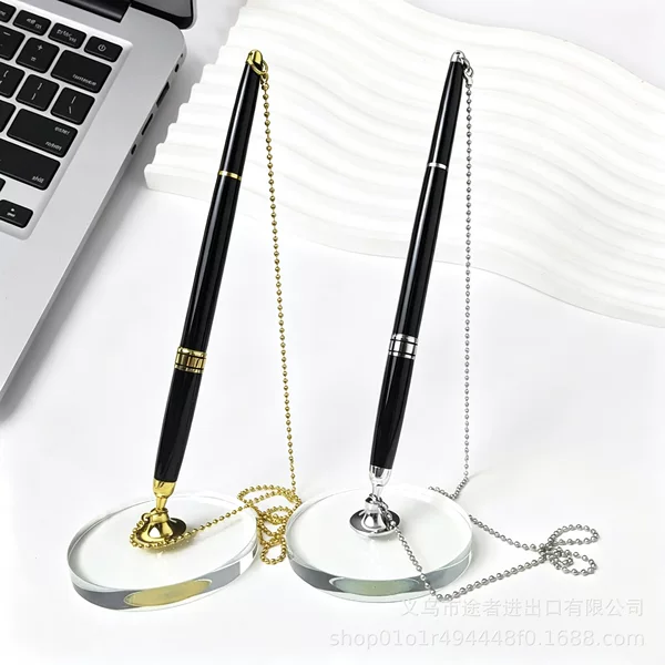 Business Office Metal Chain Desk Pen with Crystal Base, Conference Signature Pen with Cord, Vertical Signature Pen