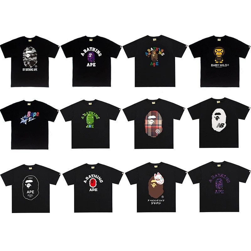 Cross-Border Foreign Trade Trendy Brand Bape Ape Head Short-Sleeve Men's Letter Print American Street Style Pure Cotton Loose Couple T-Shirt