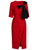 Bowtie contrasting color patchwork split buttocks skirt dress