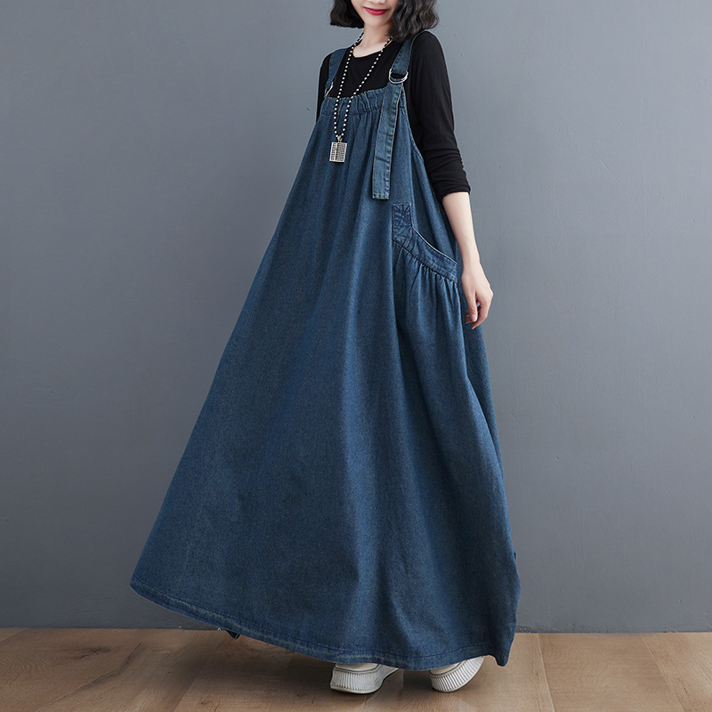 2024 primavera/verano otoño vestido largo retro suelta adelgazamiento Denim suspender vestido largo vestido grande SWING