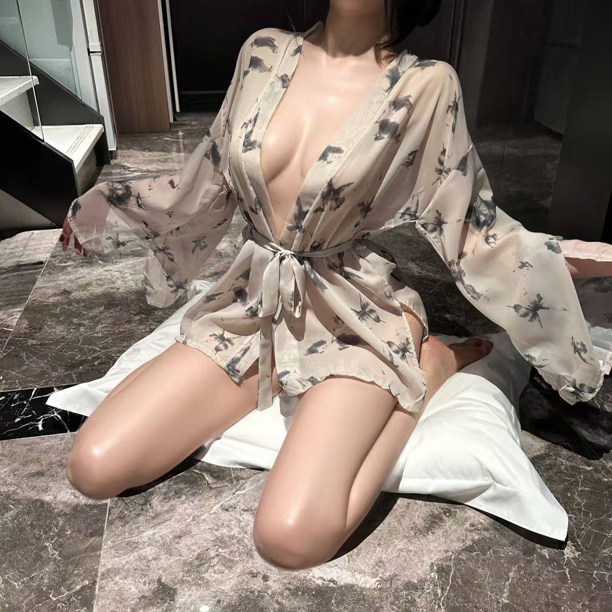 Butterfly Print Sheer Kimono Robe Set with Thong, One Size Polyester — detail image 4