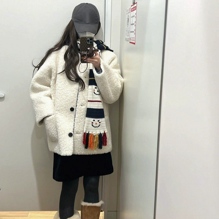Корейская нежная ветреная шерстяная куртка женский зимний 2024 новый маленький маленький свободный дикий редкий ягненок топ