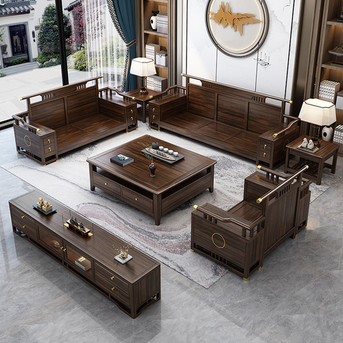 New Chinese style ebony solid wood sofa combination large and small villa living room Chinese style Zen living room wooden furniture