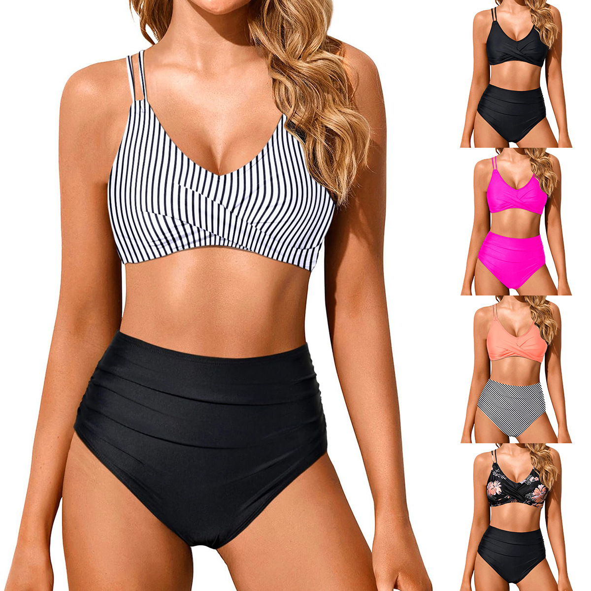 25 New European and American Gather Cross Strap High Waist Women's Split Swimsuit Sexy Bikini Amazon Factory Direct Supply