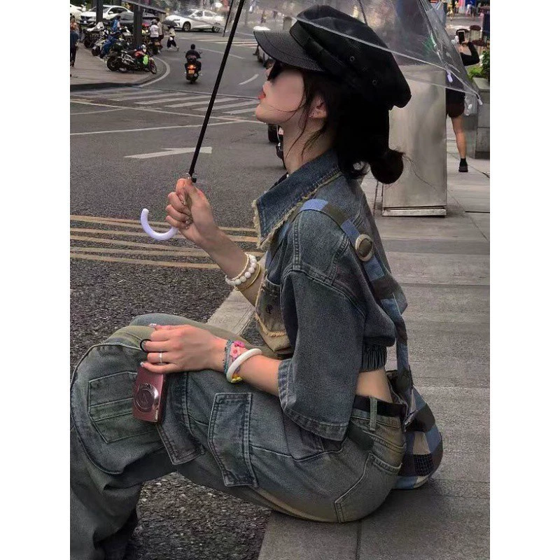 Retro short denim autumn thin jacket, with short sleeve