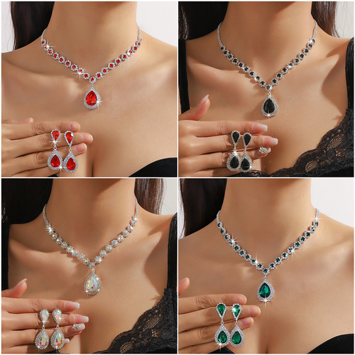 Cross-border supply European and American hot-selling white color blue green red water drop crystal necklace earrings set jewelry two-piece set