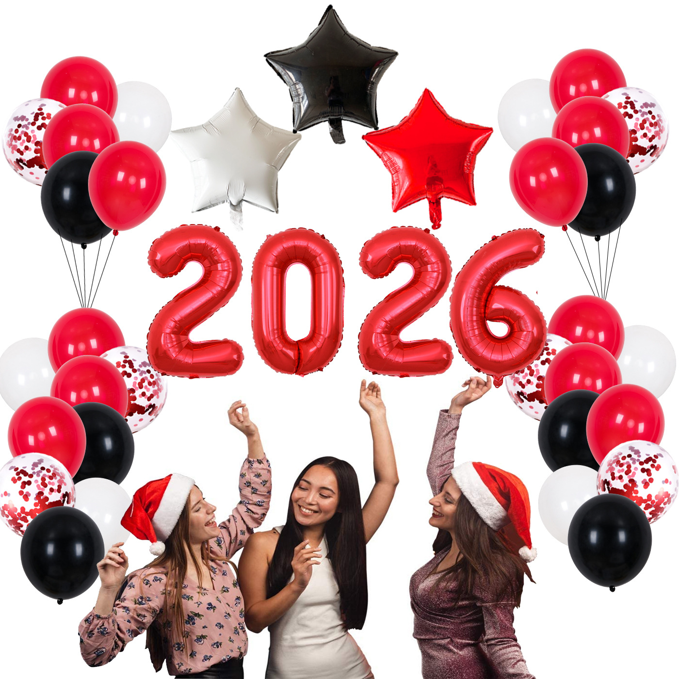 Globo de aluminio digital rojo de 32 pulgadas con diseño de Año Nuevo 2026 para fiestas y reuniones anuales transfronterizas.