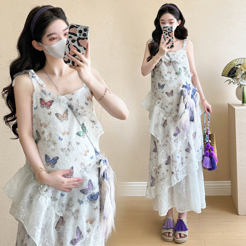Pregnant Women's Dress Niche Good-looking Fairy and Beautiful French Butterfly Floral Sling dress Pregnant Women's Dress with Sling