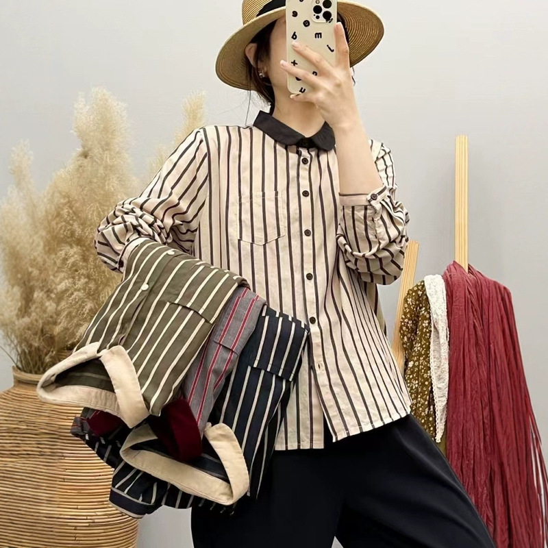 21369 Classic Color-matching Design Striped Shirt Collar Corduroy Explosive Style Flower Style Women's 2025 Spring New Arrival