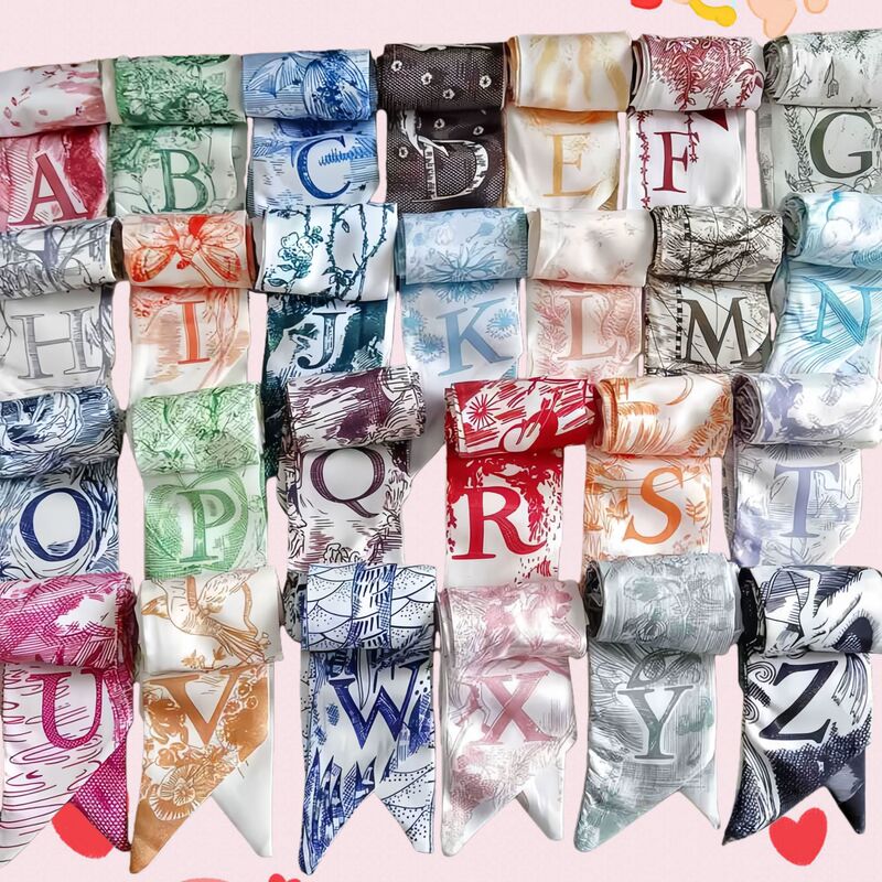 Korean Version of the New 26-Letter Floral Thin Narrow Long Silk Scarf for Hair and Bag Ribbon Souvenir Silk Scarf Headband