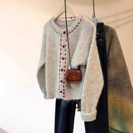 韩系虚线圆领针织衫开衫女装秋冬复古风软糯显瘦毛衣宽松外套上衣