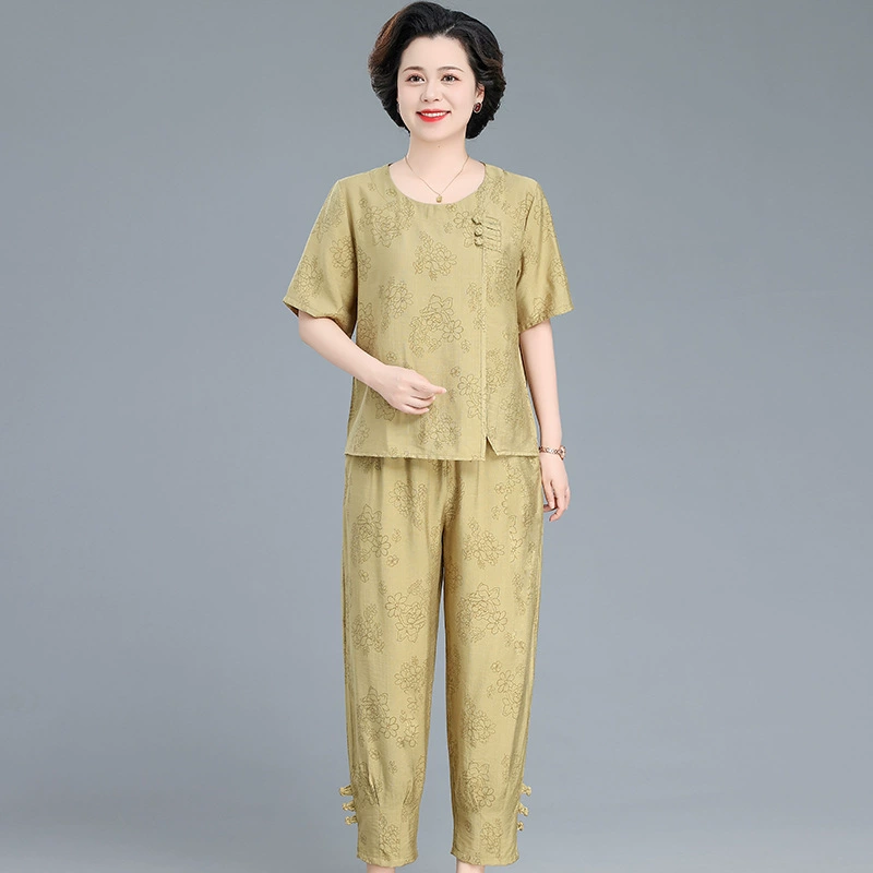 Летний костюм из хлопка и льна для женщин среднего возраста 2025 года, топ и футболка с коротким рукавом, свободный крой, комплект из двух предметов