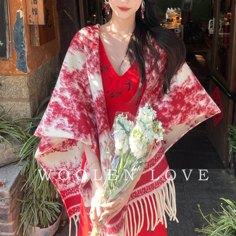 2026 New Ethnic Style Ink Painting Shawl with Small Cape for Women, Light Luxury and High-End Feel, Wholesale from Yunnan and Xizang