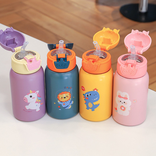 Children's pot thermos cup antler cup star straw cup smart cartoon double lid cup cup cover stainless steel can be carried on the back