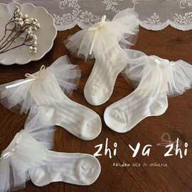 织吖织春季新款浪漫网纱花边蝴蝶结女儿童宝宝短袜厂家批发