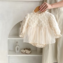 2025秋季婴幼儿童女宝宝甜美公主立体花网纱木耳领长袖哈裙包屁衣