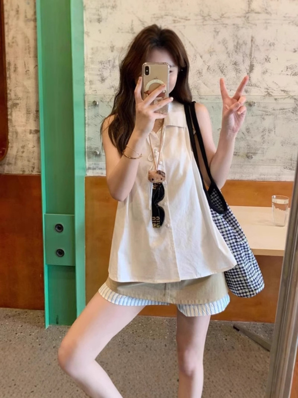 韓国白ノースリーブベストシャツ女性の夏のデザインニッチホルターシャツベビードールシャツ気質トップ|undefined