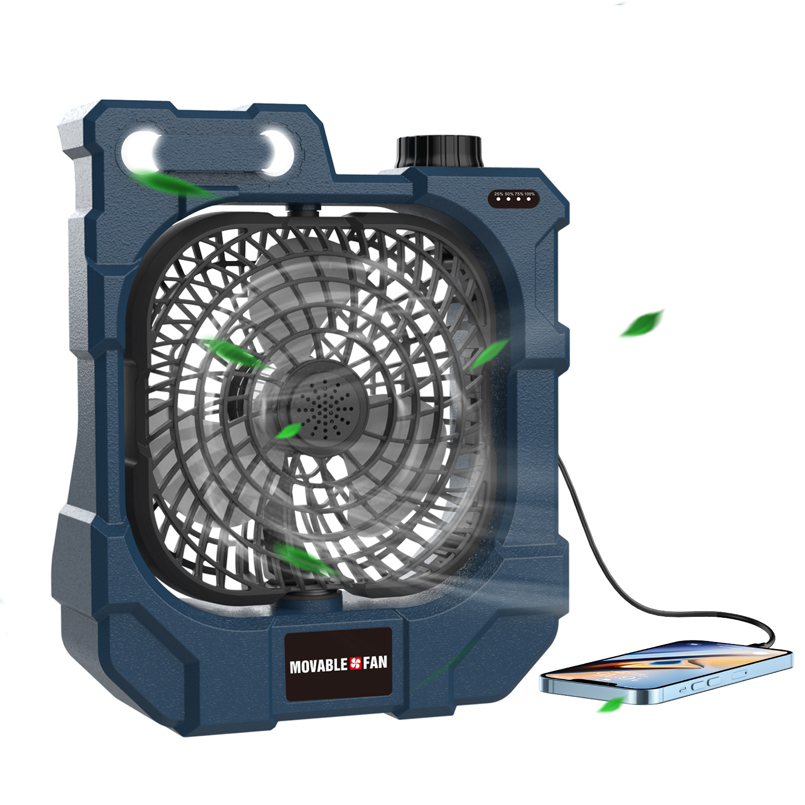 Ventilador Oscilante de Camping con Luz USB Recargable con Iluminación y Banco de Energía para Exterior