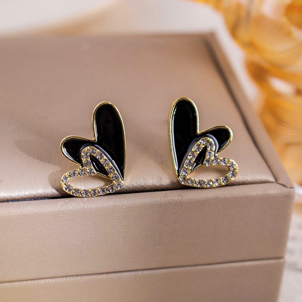 6#Black dripping oil and diamond double hearts