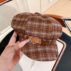 日系复古黑色格子八角帽女春秋季新款甜酷百搭显脸小贝雷帽画家帽