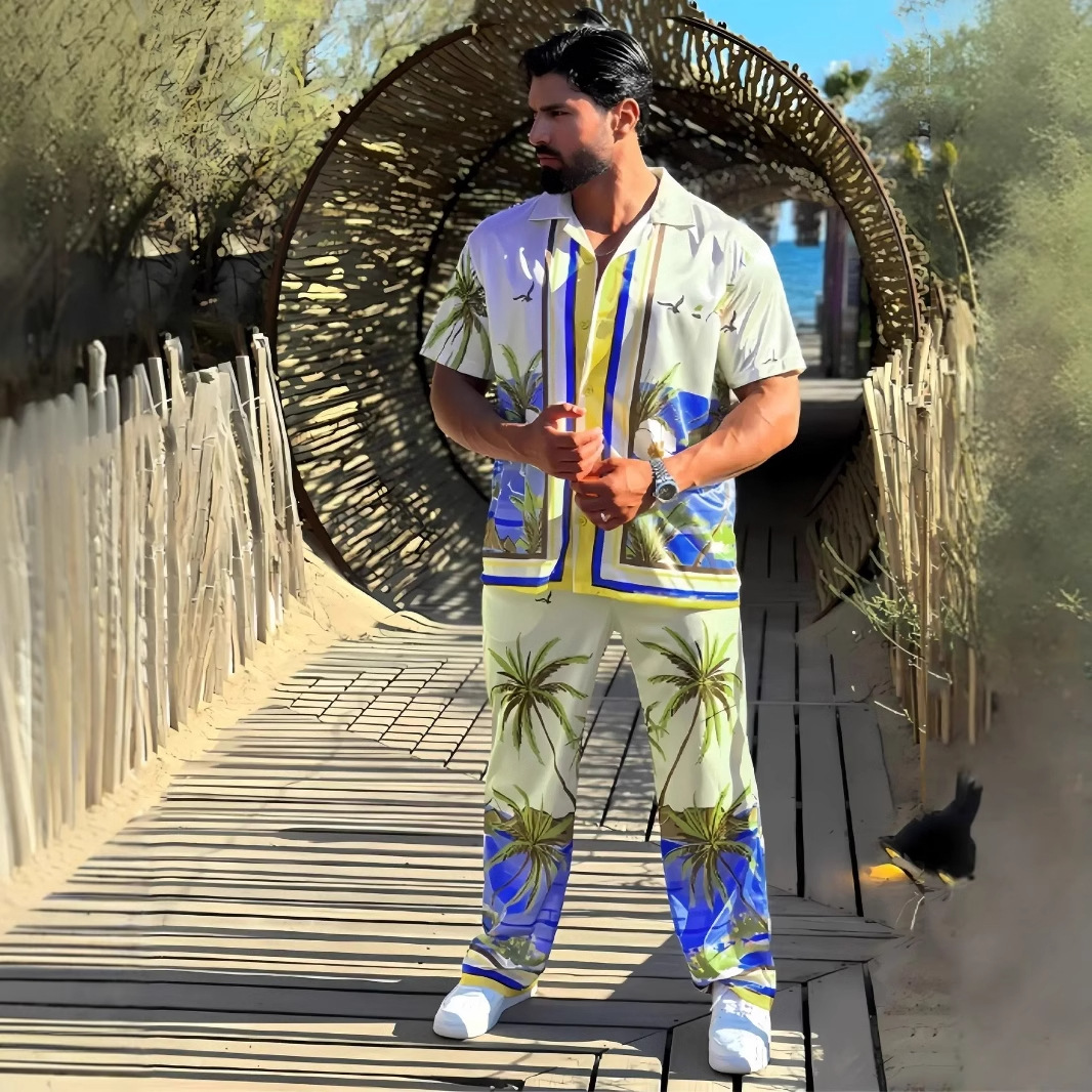 Traje de pantalones de manga corta con cuello cubano cómodo de estilo casual de vacaciones junto al mar hawaiano para hombre MB5-MR10