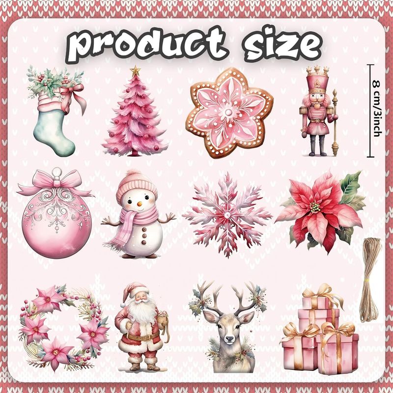 24 個ピンククリスマス木製装飾クリスマス雪だるまサンタクロースヘラジカガーランド木製クリスマス吊り下げ装飾品ロープ付き|undefined
