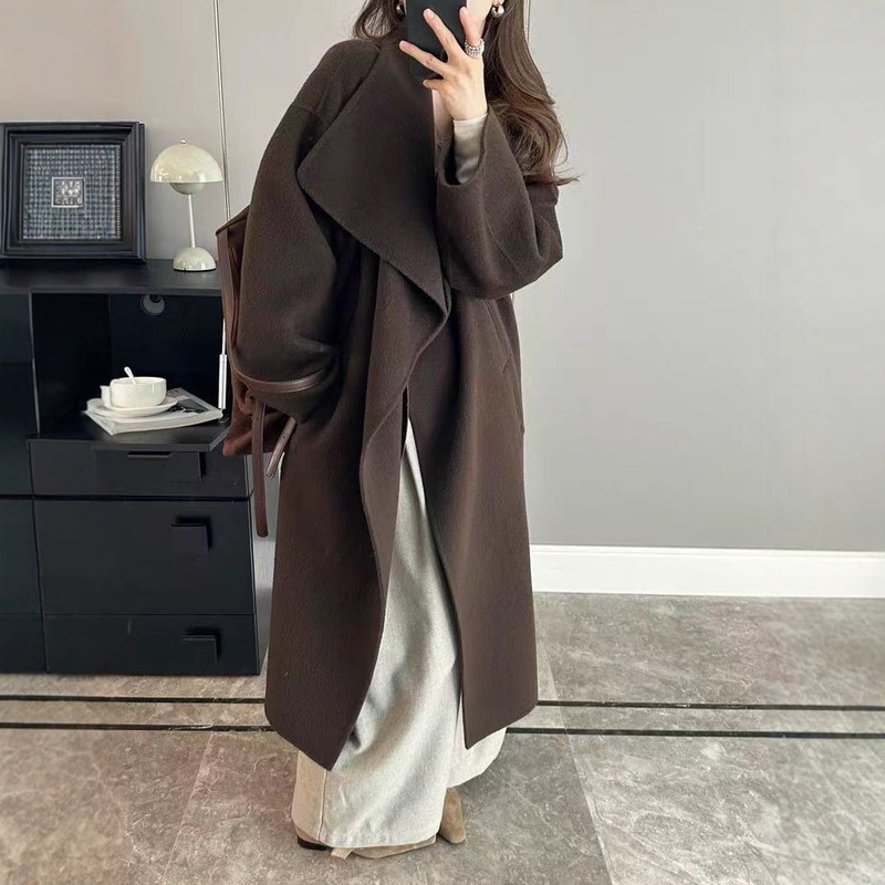 Large Lapel Brown Coffee Color Old Money Style Double-Sided Wool Coat for Women, Mid-Length, Lazy Autumn and Winter High-End Woolen Jacket