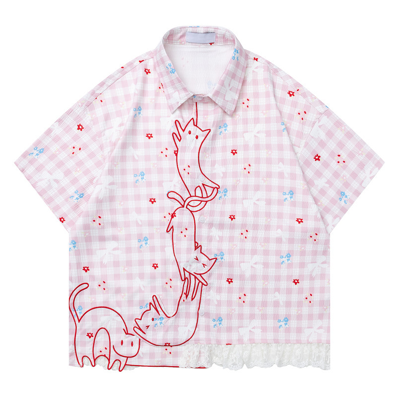 Dopamine Cute Cat Embroidered Lace Patchwork Short-Sleeve Shirt for Women, Unique Design, Sweet Girl Half-Sleeve Shirt for Summer Dopamine Cute Cat Embroidered Lace Patchwork Short-Sleeve Shirt for Women, Unique Design, Sweet Girl Half-Sleeve Shirt for Summer