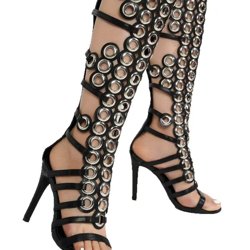 2025 Amazon Foreign Trade Specializes in European and American Fashion Metal Big Fish Eye Cut Out Stiletto Open Toe Sandals