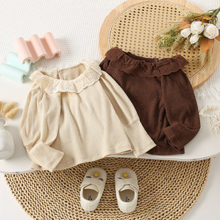 Girls' Korean-style lace bottoming shirt 2023 autumn new round neck solid color children's all-match casual long-sleeved T-shirt