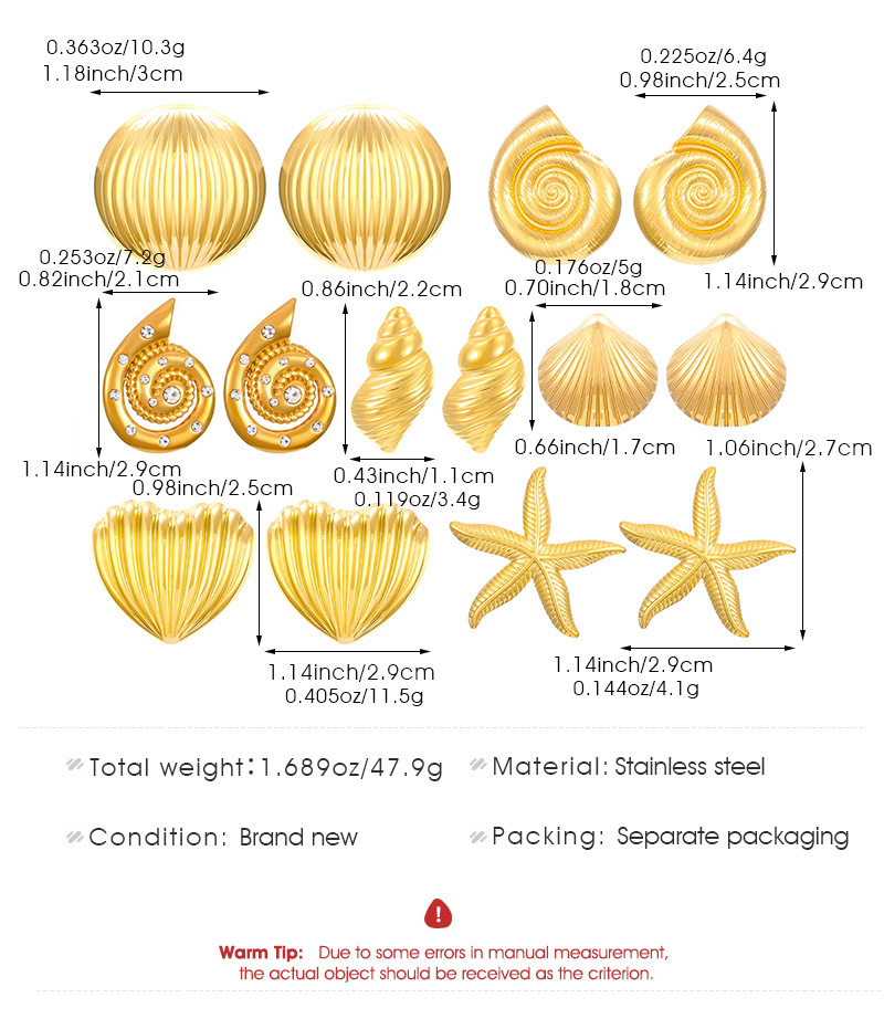 6g Weight PVD Coated Gold Plating Process 1 Pair Vintage Style Classic Style Starfish Conch Plating 304 Stainless Steel 18K Gold Plated Ear Studs