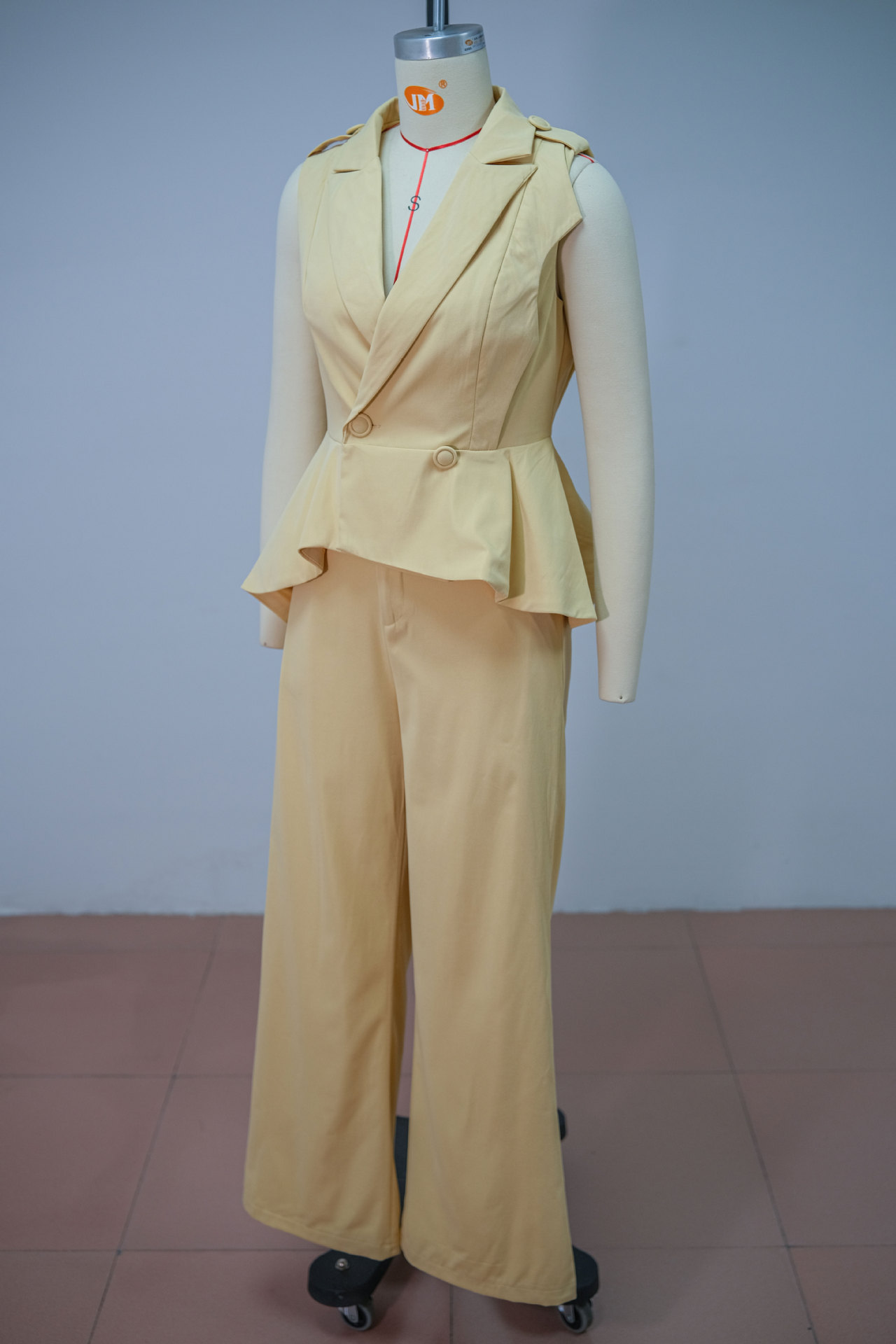 Women's Summer Fashion V Neck Button Up Ruffled Wide Leg Pants Set Solid Color American Style_ecoleips.com