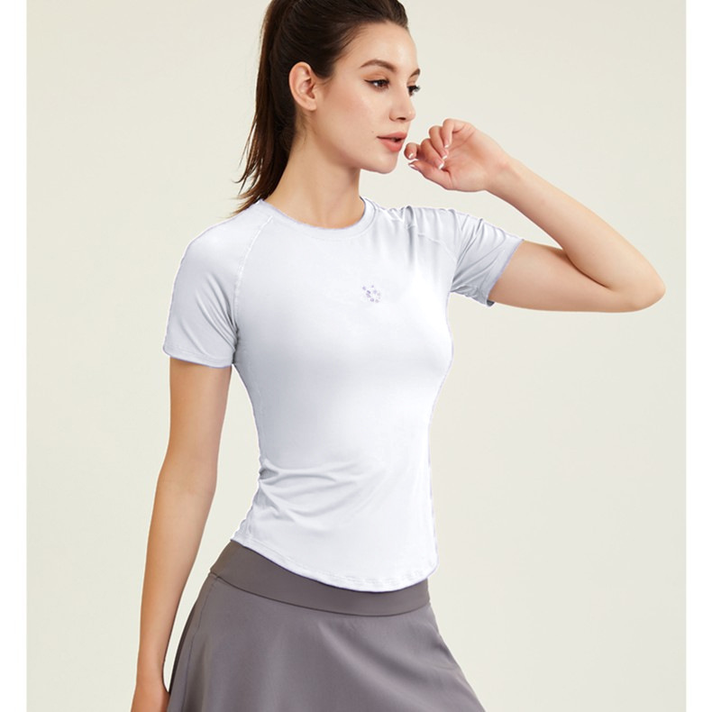 Ropa de ejercicios desnuda para mujeres delgada helada de cuello redondo con mangas de hombro para correr camiseta deportiva delgada ropa de yoga roja en línea