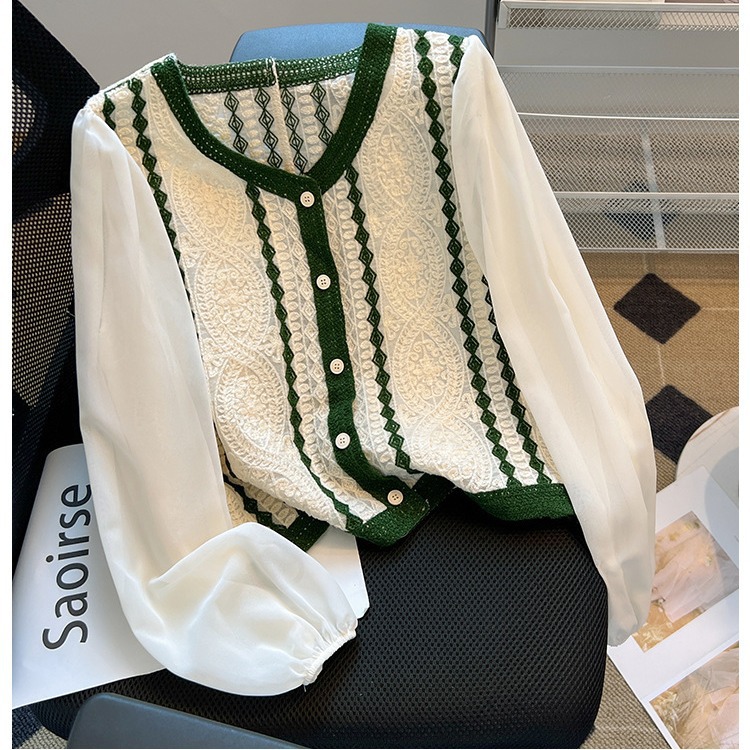 프랑스 달콤한 자카드 가짜 투피스 니트 스티칭 셔츠 2024 가을 새로운 세련된 짧은 쉬폰 탑